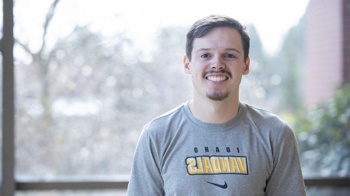 CALS student Gavin Merritt poses for a photo in the Albertson’s Building at the University of Idaho.